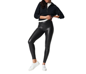 Spanx Leggings Sz S Black Faux Leather Mid Rise Stretch Slimming Comfort #2437